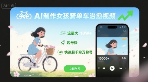 AI制作女孩骑单车治愈视频，流量大，起号快，快速起千粉万粉号-二当家网创资源站