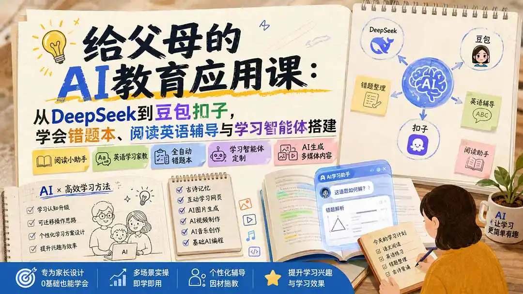 给父母的AI教育应用课:从DeepSeek到豆包扣子,学会错题本、阅读英语辅导与学习智能体搭建-二当家网创资源站