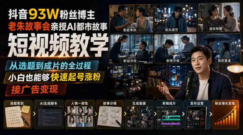抖音93W粉丝博主老朱故事会亲授AI都市故事短视频教学,从选题到成片的全过程,小白也能够快速起号涨粉接广告变现-二当家网创资源站