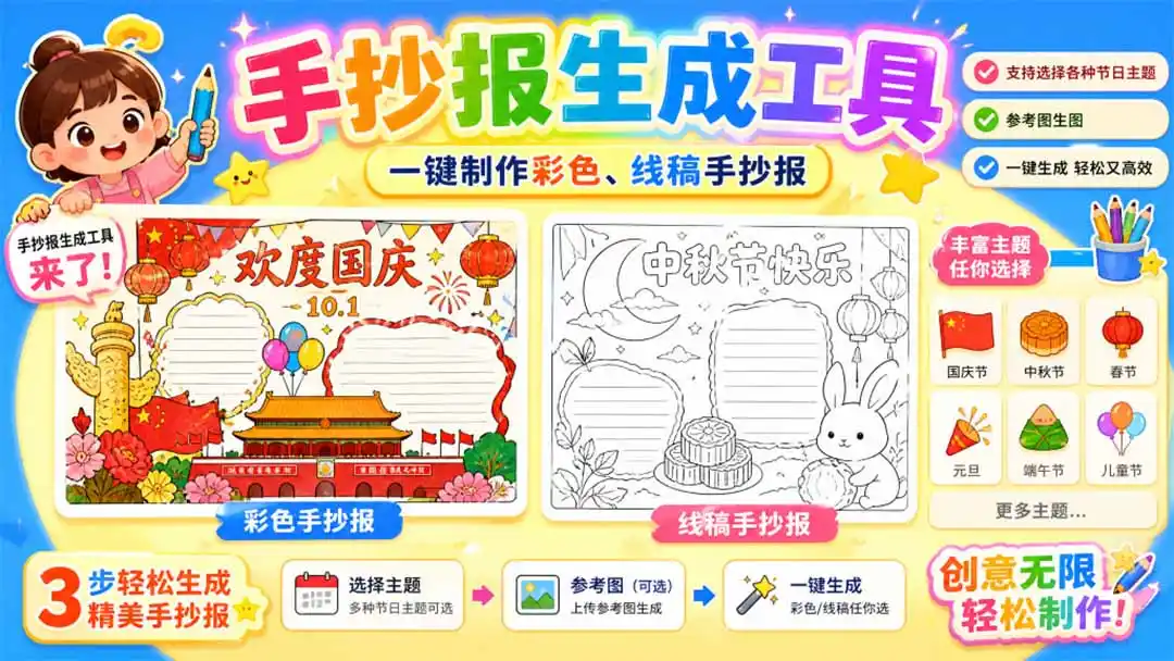 手抄报批量生成工具来了,完全免费,告别豆包生图,这个高清无水印-二当家网创资源站