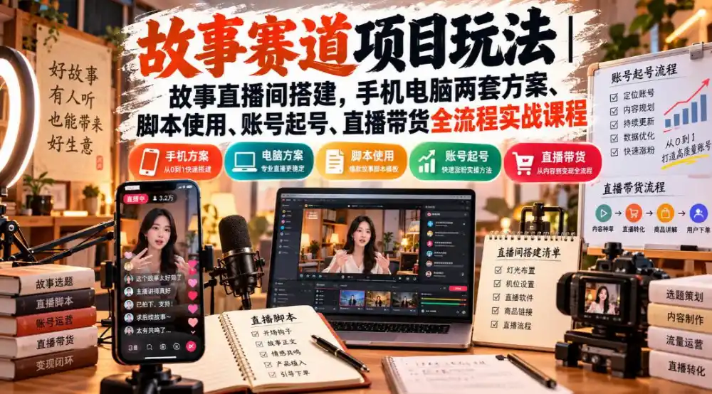故事赛道项目玩法|故事直播间搭建,手机电脑两套方案、脚本使用、账号起号、直播带货全流程实战课程-二当家网创资源站