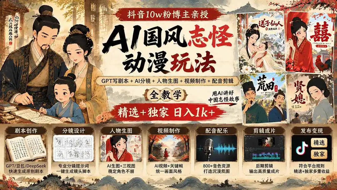抖音10w粉博主亲授AI国风志怪动漫玩法｜GPT写剧本+AI分镜+人物生图+视频制作+配音剪辑全教学｜精选+独家日入1k+-二当家网创资源站