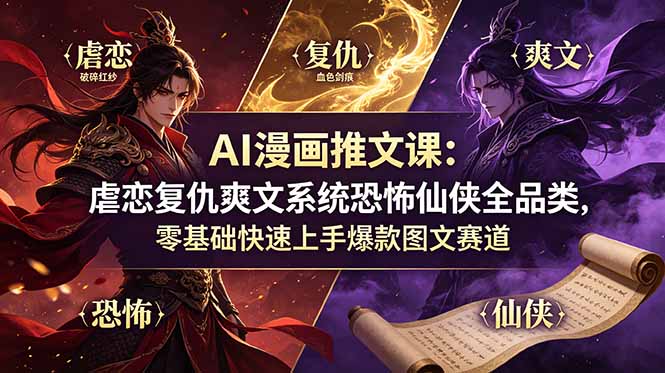 AI漫画推文课：虐恋复仇爽文系统恐怖仙侠全品类，零基础快速上手爆款图文赛道-二当家网创资源站