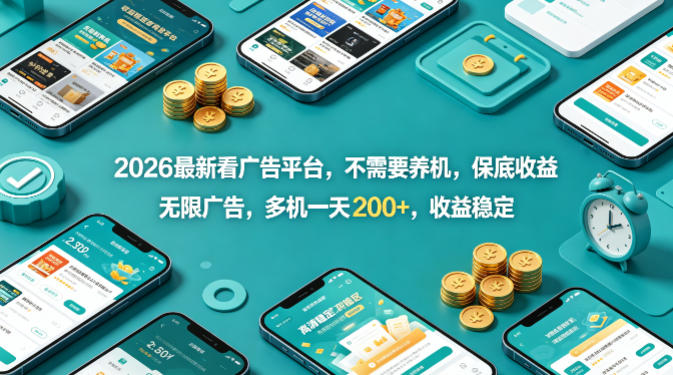 2026最新看广告平台，不需要养机，保底收益，无限广告，多机一天200+，收益稳定【揭秘】-二当家网创资源站