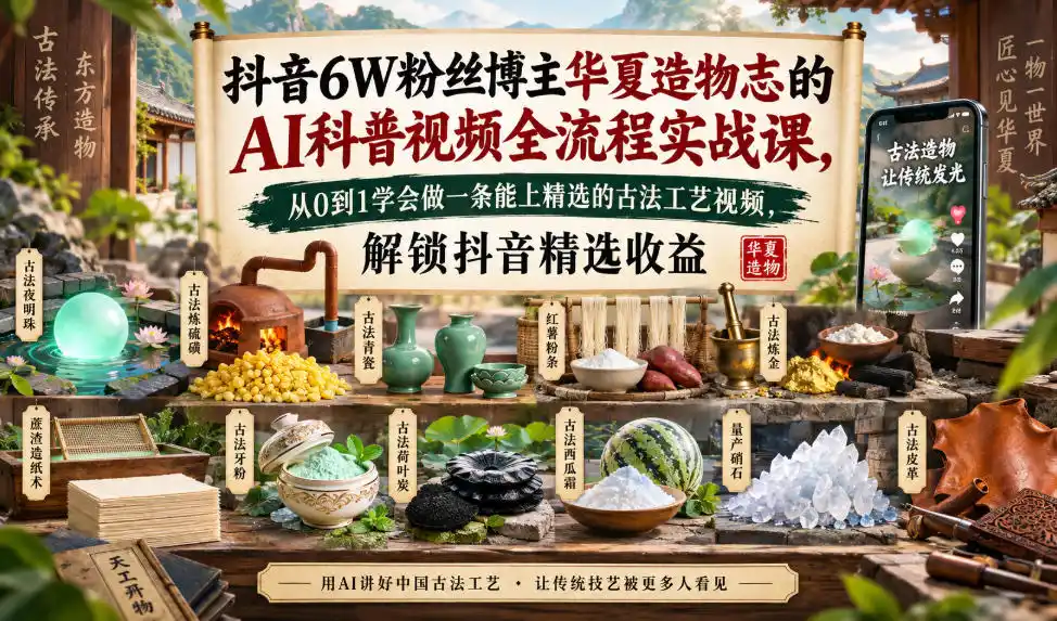 抖音6W粉丝博主华夏造物志的AI科普视频全流程实战课,从0到1学会做一条能上精选的古法工艺视频,解锁抖音精选收益-二当家网创资源站