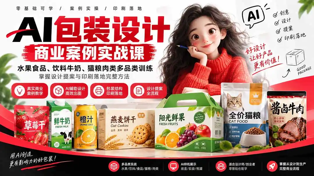 AI包装设计商业案例实战课:水果食品、饮料牛奶、猫粮肉类多品类训练,掌握设计提案与印刷落地完整方法-二当家网创资源站
