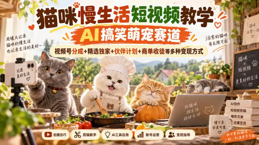 猫咪慢生活短视频教学,AI搞笑萌宠赛道,视频号分成+精选独家+伙伴计划+商单收徒等多种变现方式-二当家网创资源站