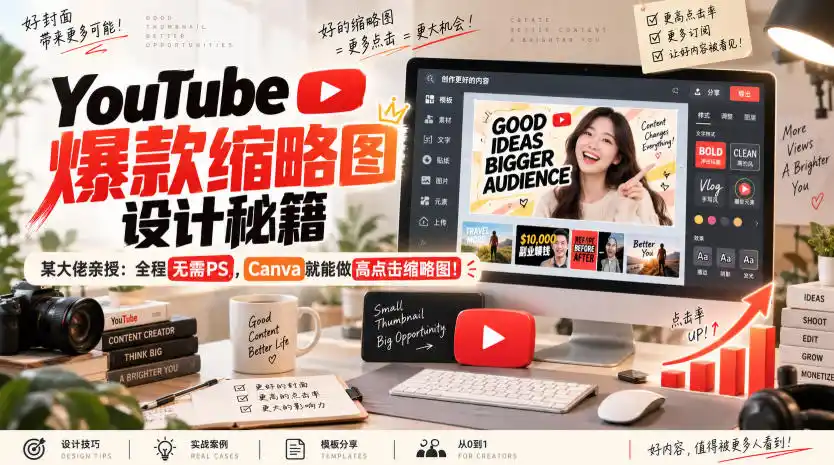 YouTube爆款缩略图设计秘籍,某油管大佬(610万订阅者)亲授,全程无需PS,Canva就能做高点击缩略图!【原创双语字幕】-二当家网创资源站