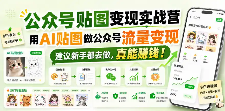 公众号贴图变现实战营,用AI贴图做公众号流量变现,建议新手都去做,真能賺钱!-二当家网创资源站
