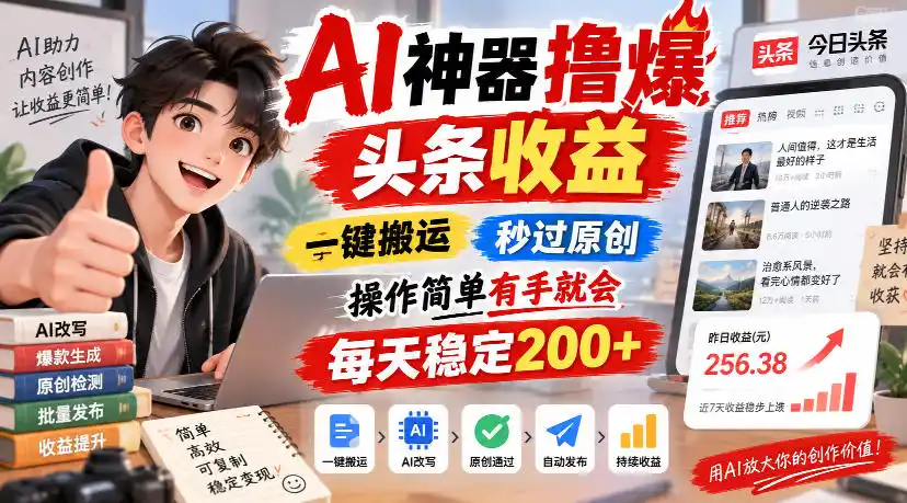 AI神器撸爆头条收益，一键搬运，秒过原创，操作简单有手就会，每天稳定200+【揭秘】-二当家网创资源站