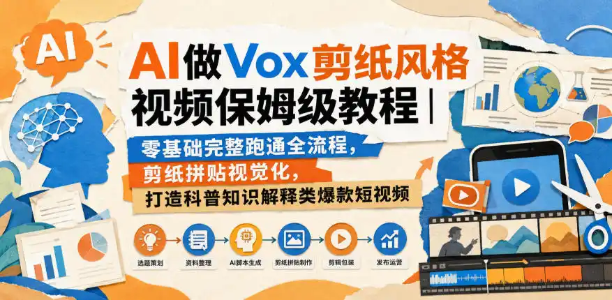 AI做Vox剪纸风格视频保姆级教程|零基础完整跑通全流程,剪纸拼贴视觉化,打造科普知识解释类爆款短视频-二当家网创资源站