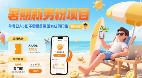 暑期新男粉项目 单号日入5张 不需要剪辑 没有任何门槛-二当家网创资源站