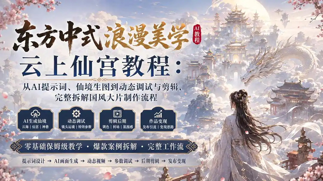 东方中式浪漫美学云上仙宫教程：从AI提示词、仙境生图到动态调试与剪辑，完整拆解国风大片制作流程-二当家网创资源站