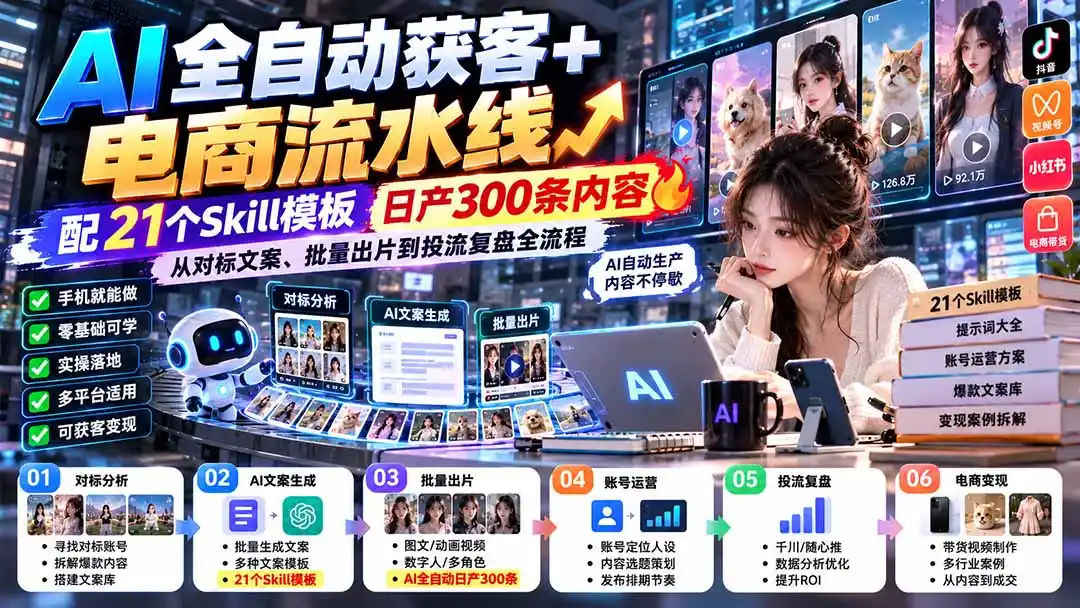 【无水印】AI全自动获客+电商流水线:配21个Skill模板,日产300条内容,从对标文案、批量出片到投流复盘全流程-二当家网创资源站