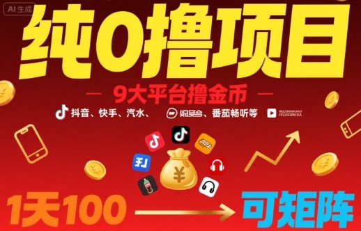 纯0撸项目，9大平台撸金币，抖音，快手，汽水，番茄畅听等，1天100，可矩阵-二当家网创资源站