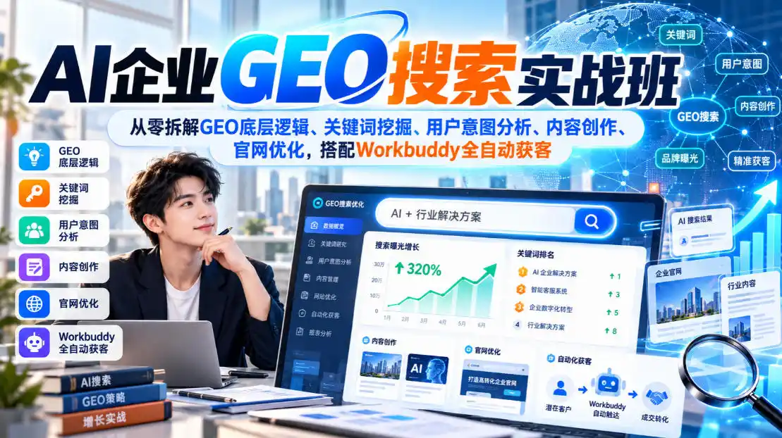 AI企业GEO搜索实战班,从零拆解GEO底层逻辑、关键词挖掘、用户意图分析、内容创作、官网优化,搭配Workbuddy全自动获客-二当家网创资源站