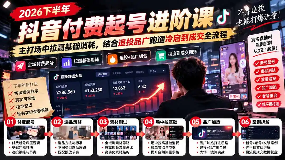 2026下半年抖音付费起号进阶课:主打场中拉高基础消耗,结合追投品广跑通冷启到成交全流程-二当家网创资源站