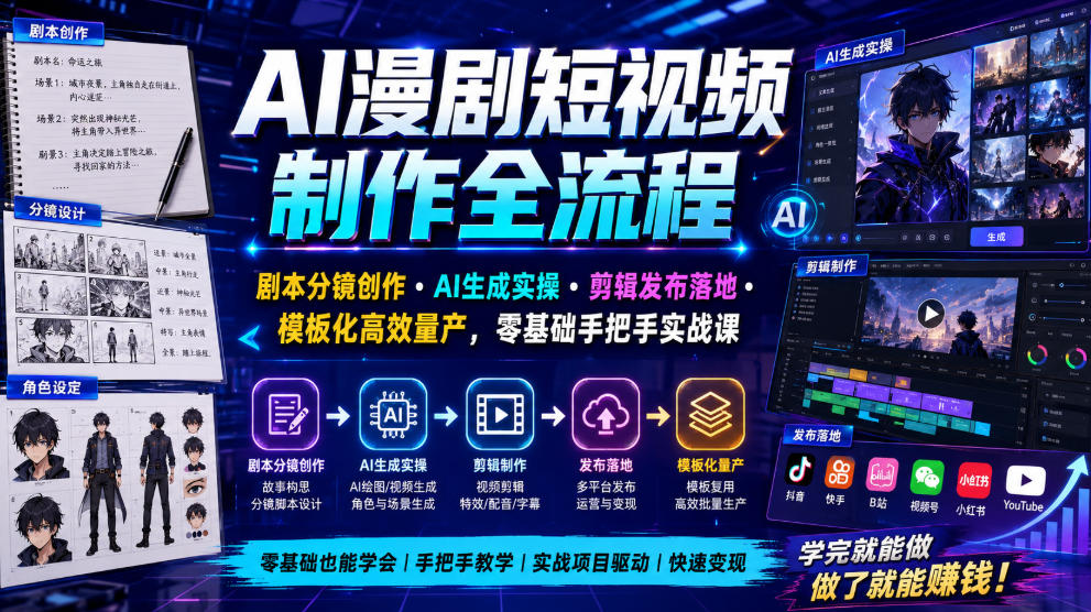 AI漫剧短视频制作全流程｜剧本分镜创作・AI生成实操・剪辑发布落地・模板化高效量产，零基础手把手实战课-二当家网创资源站