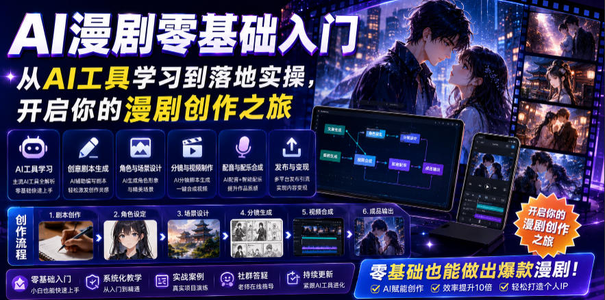 AI漫剧零基础入门,从AI工具学习到落地实操,开启你的漫剧创作之旅-二当家网创资源站
