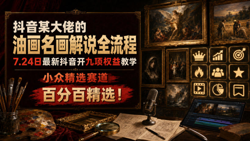 抖音某大佬的油画名画解说全流程,7.24日最新抖音开九项权益教学,小众精选赛道,百分百精选!-二当家网创资源站