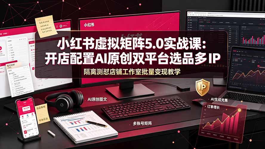 小红书虚拟矩阵5.0实战课:开店配置|AI原创|双平台选品|多IP隔离|测怼店铺工作室批量变现实操教学-二当家网创资源站