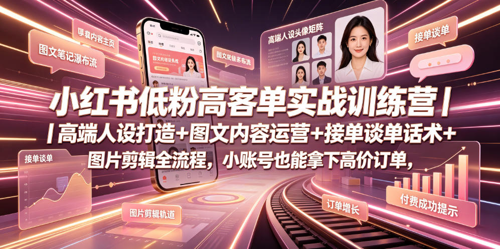 小红书低粉高客单实战训练营｜高端人设打造+图文内容运营+接单谈单话术+图片剪辑全流程，小账号也能拿下高价订单-二当家网创资源站