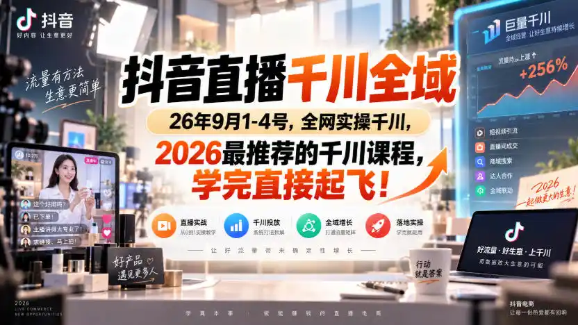抖音直播千川全域26年9月1-4号,全网实操千川,2026最推荐的千川课程,学完直接起飞!-二当家网创资源站