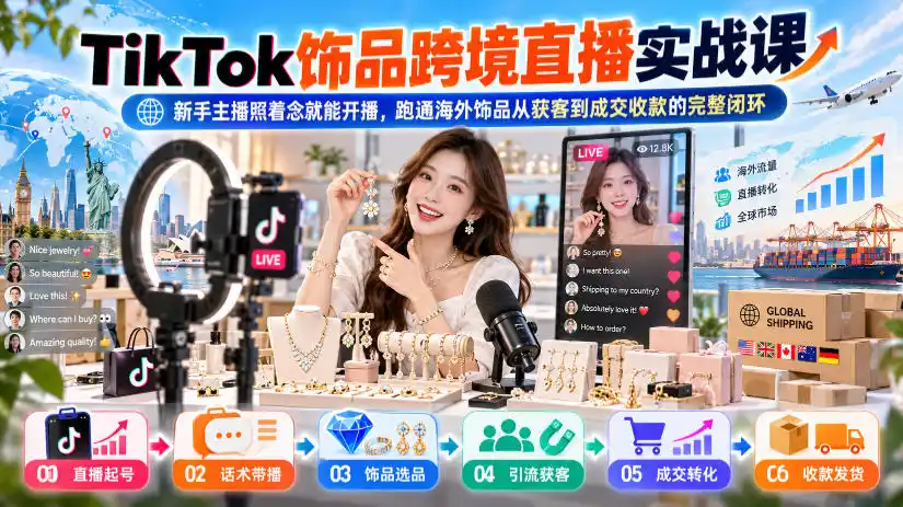 TikTok饰品跨境直播实战课，新手主播照着念就能开播，跑通海外饰品从获客到成交收款的完整闭环-二当家网创资源站