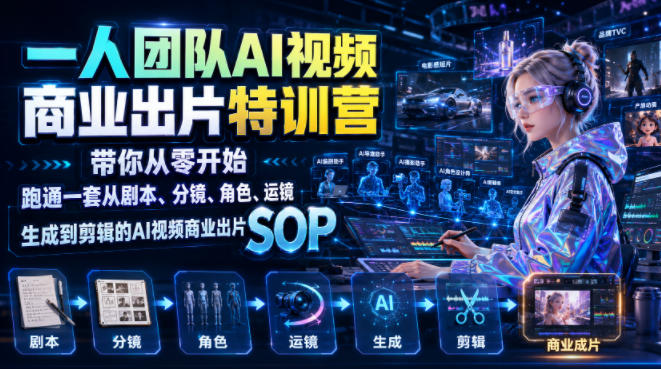 一人团队AI视频商业出片实战课:带你从零开始跑通一套从剧本、分镜、角色、运镜、生成到剪辑的AI视频商业出片SOP-二当家网创资源站