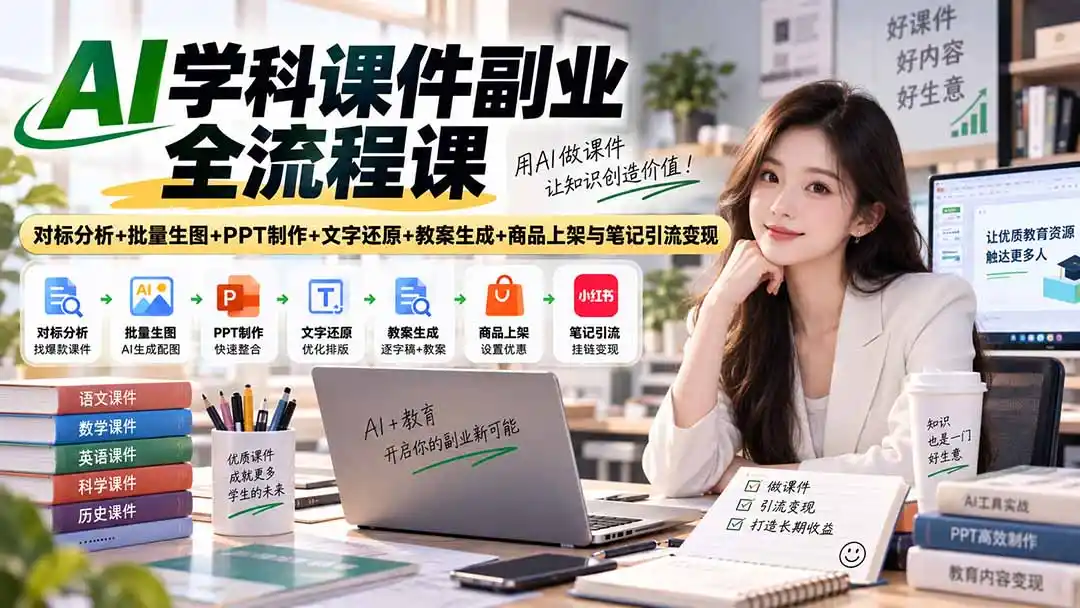 AI学科课件副业全流程课|对标分析+批量生图+PPT制作+文字还原+教案生成+商品上架与笔记引流变现-二当家网创资源站