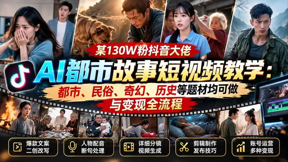 某130W粉抖音大佬AI都市故事短视频教学：都市、民俗、奇幻、历史等题材均可做与变现全流程-二当家网创资源站