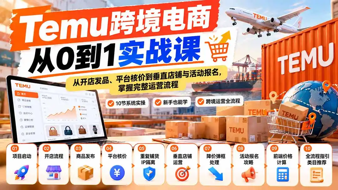 【无水印】Temu跨境电商从0到1实战课:从开店发品、平台核价到垂直店铺与活动报名,掌握完整运营流程-二当家网创资源站