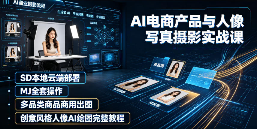 AI电商产品与人像写真摄影实战课｜SD本地云端部署、MJ全套操作、多品类商品商用出图、创意风格人像AI绘图完整教程-二当家网创资源站