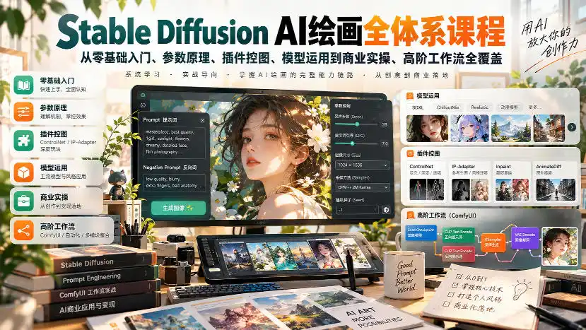 【无水印】Stable Diffusion AI绘画全体系课程,从零基础入门、参数原理、插件控图、模型运用到商业实操、高阶工作流全覆盖-二当家网创资源站