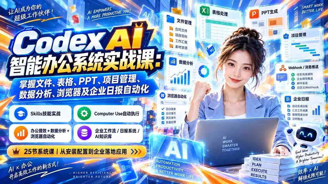 Codex AI智能办公系统实战课：掌握文件、表格、PPT、项目管理、数据分析、浏览器及企业日报自动化-二当家网创资源站