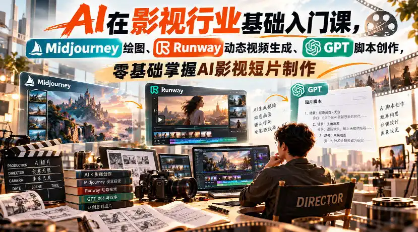 【无水印】AI在影视行业基础入门课,Midjourney绘图、Runway动态视频生成、GPT脚本创作,零基础掌握AI影视短片制作-二当家网创资源站