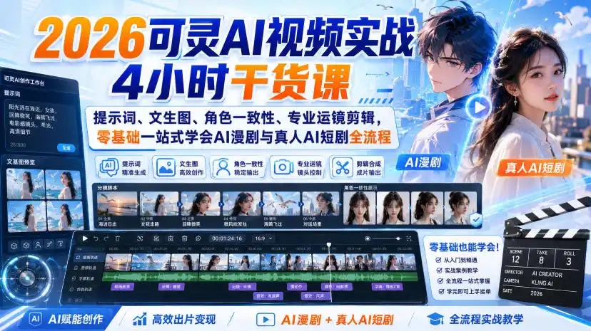 2026可灵AI视频实战4小时干货课｜提示词、文生图、角色一致性、专业运镜剪辑，零基础一站式学会AI漫剧与真人AI短剧全流程-二当家网创资源站