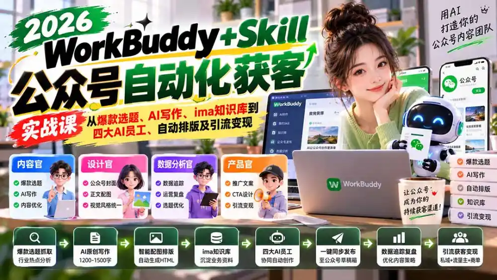 WorkBuddy + Skill公众号自动化获客实战课：从爆款选题、AI写作、ima知识库到四大AI员工、自动排版及引流变现-二当家网创资源站