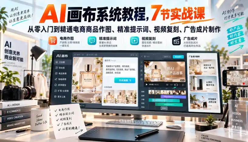 AI画布系统教程,7节实战课从零入门到精通电商商品作图、精准提示词、视频复刻、广告成片制作-二当家网创资源站