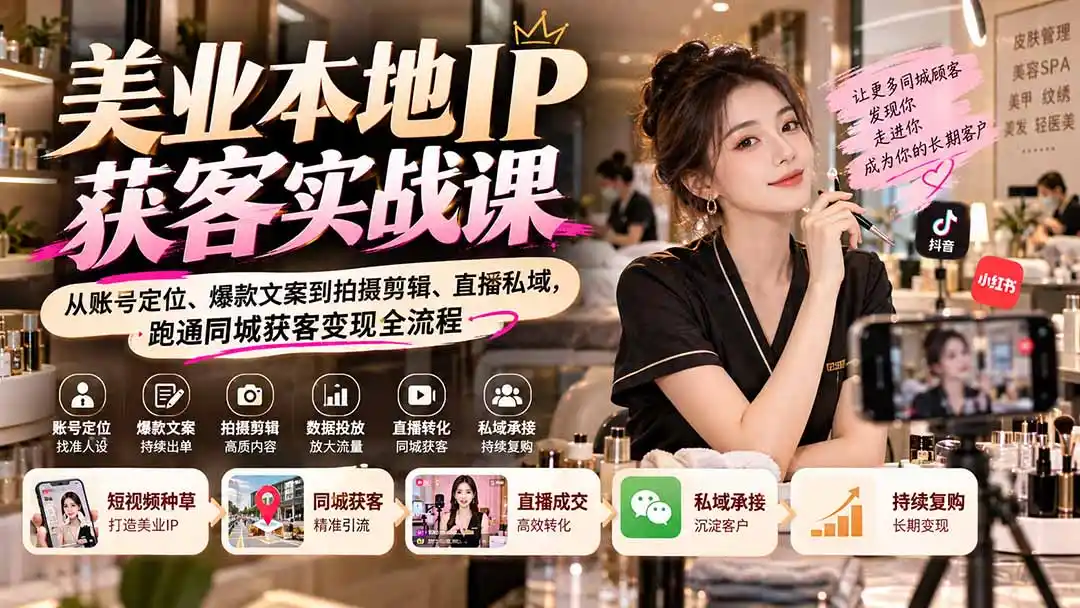 【无水印】美业本地IP获客实战课:从账号定位、爆款文案到拍摄剪辑、直播私域,跑通同城获客变现全流程-二当家网创资源站