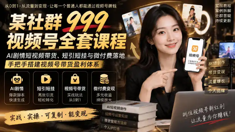 某社群999视频号全套课程,AI剧情短视频带货、短引短挂与微付费落地,手把手搭建视频号带货盈利体系-二当家网创资源站