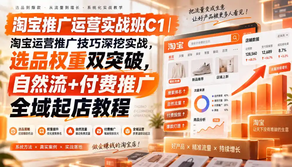 淘宝推广运营实战班C1|淘宝运营推广技巧深挖实战,选品权重双突破,自然流+付费推广全域起店教程-二当家网创资源站