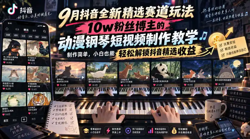 9月抖音全新精选赛道玩法,10w粉丝博主的动漫钢琴短视频制作教学,制作简单,小白也能轻松解锁抖音精选收益-二当家网创资源站