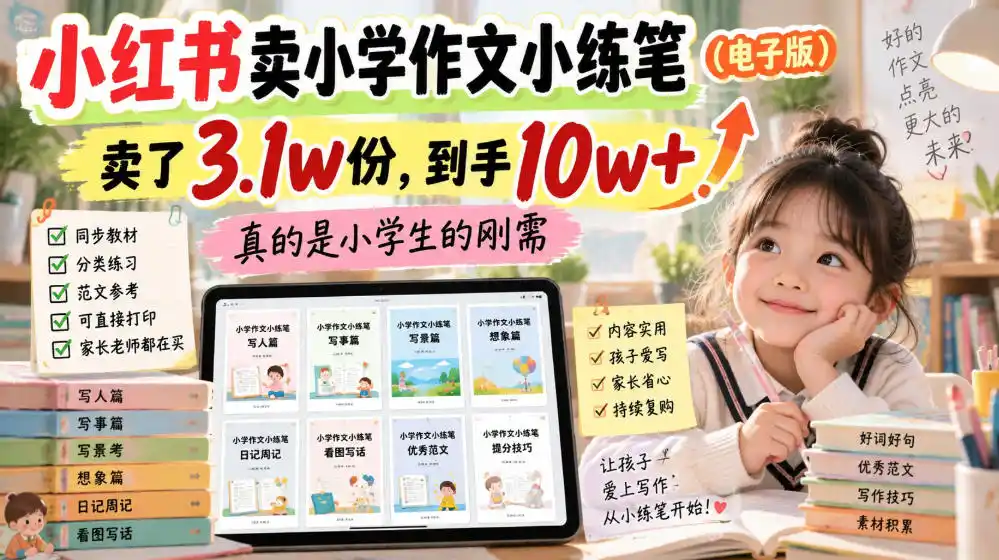 小红书卖小学作文小练笔(电子版)，卖了3.1w份，到手10w+，真的是小学生的刚需-二当家网创资源站