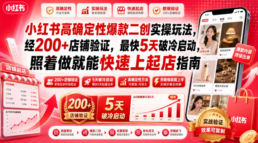 小红书高确定性爆款二创实操玩法,经200+店铺验证,最快5天破冷启动,照着做就能快速上起店指南-二当家网创资源站