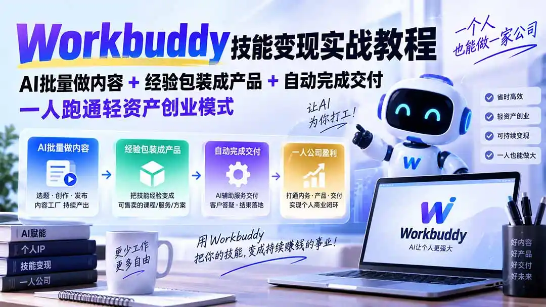 Workbuddy技能变现实战教程:AI批量做内容+经验包装成产品+自动完成交付,一人跑通轻资产创业模式-二当家网创资源站