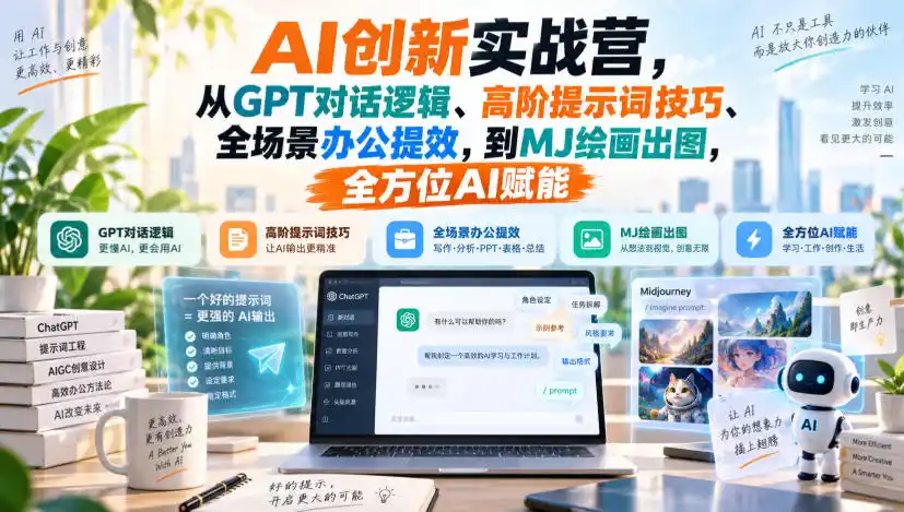 AI创新实战营,从GPT对话逻辑、高阶提示词技巧、全场景办公提效,到MJ绘画出图,全方位AI赋能-二当家网创资源站