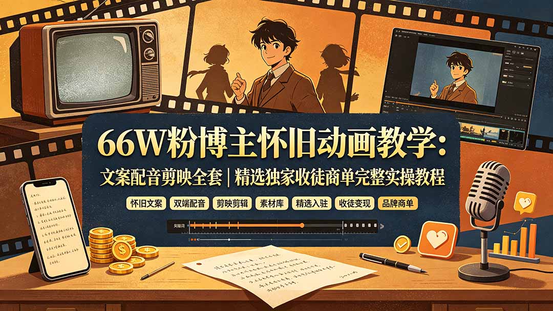 66W粉博主怀旧动画教学：文案配音剪映全套｜精选独家收徒商单完整实操教程-二当家网创资源站