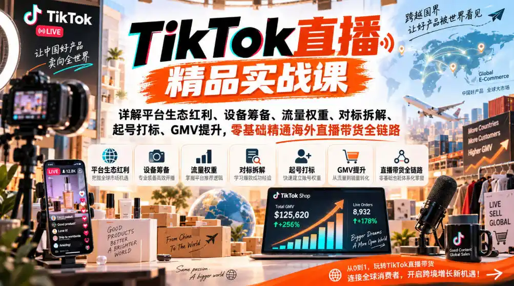 TikTok直播精品实战课,详解平台生态红利、设备筹备、流量权重、对标拆解、起号打标、GMV提升,零基础精通海外直播带货全链路-二当家网创资源站
