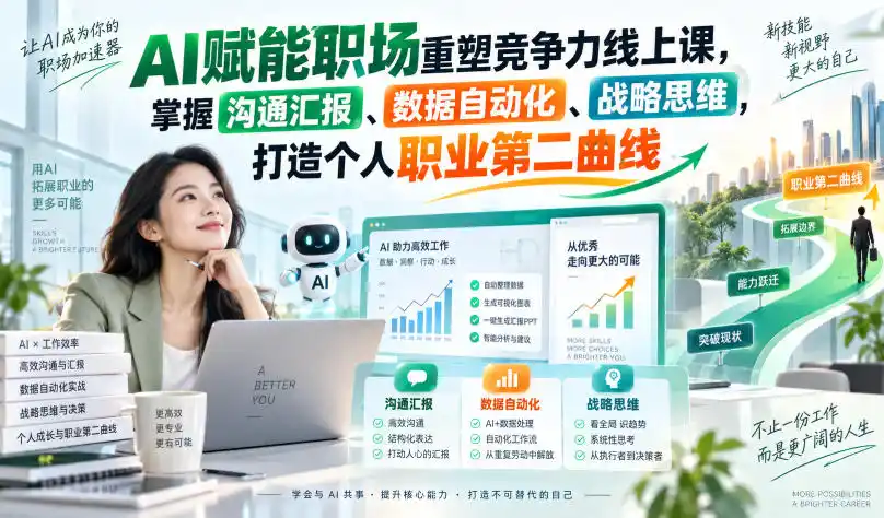 AI赋能职场重塑竞争力线上课,掌握沟通汇报、数据自动化、战略思维,打造个人职业第二曲线-二当家网创资源站